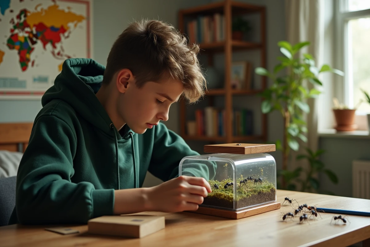 Adolescent étudiant un formicarium dans sa chambre chaleureuse