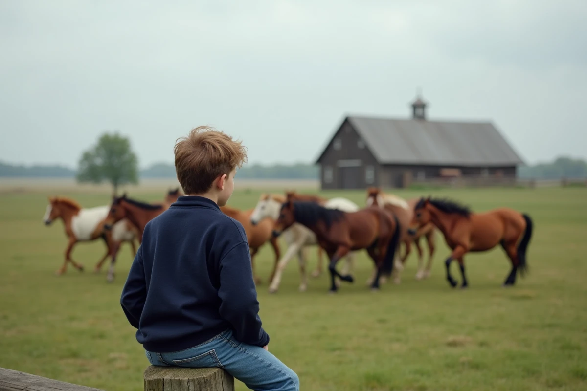 Adolescent regardant un groupe de chevaux dans un champ