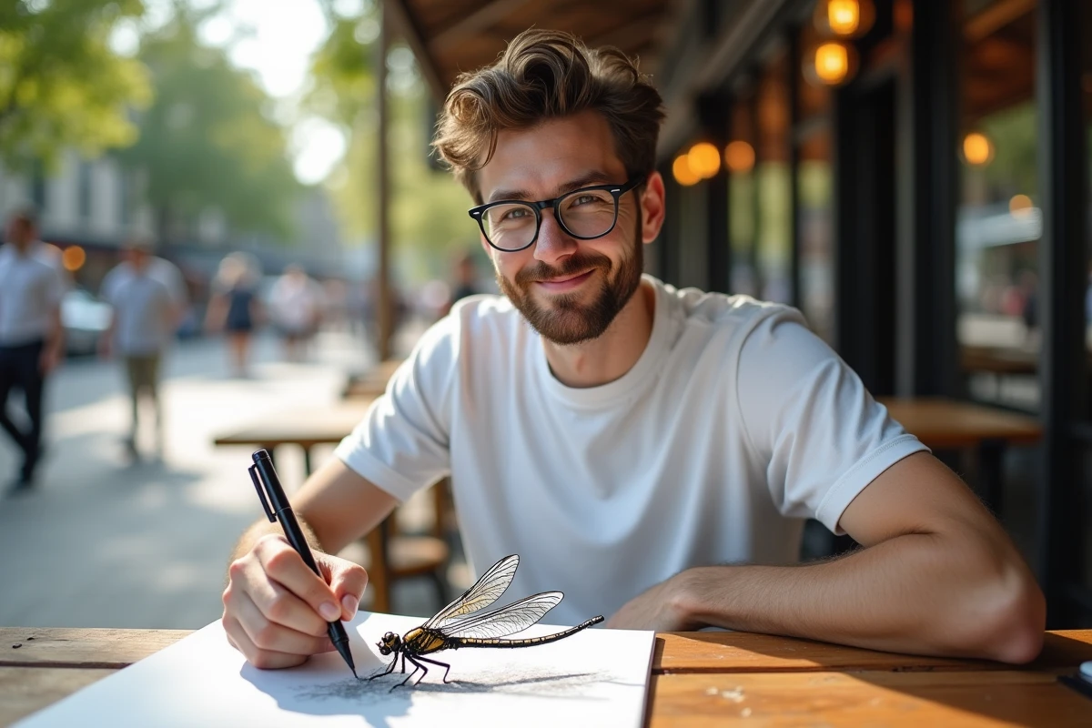 Jeune homme dessinant un dragonfly manga en extérieur au café