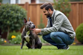 Chien staffordshire bleu avec son maître dans le jardin