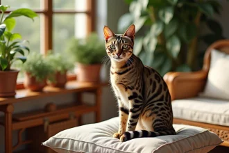 Chat Egyptian Mau aux taches argentées sur coussin en lin