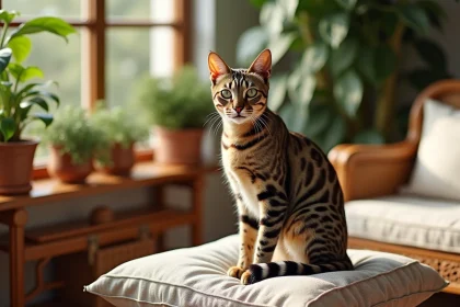 Chat Egyptian Mau aux taches argentées sur coussin en lin