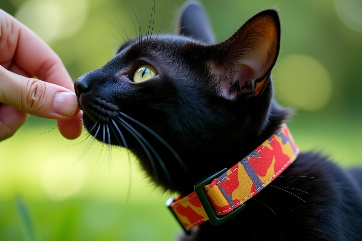 Gros plan sur un chat noir avec un collier coloré en extérieur