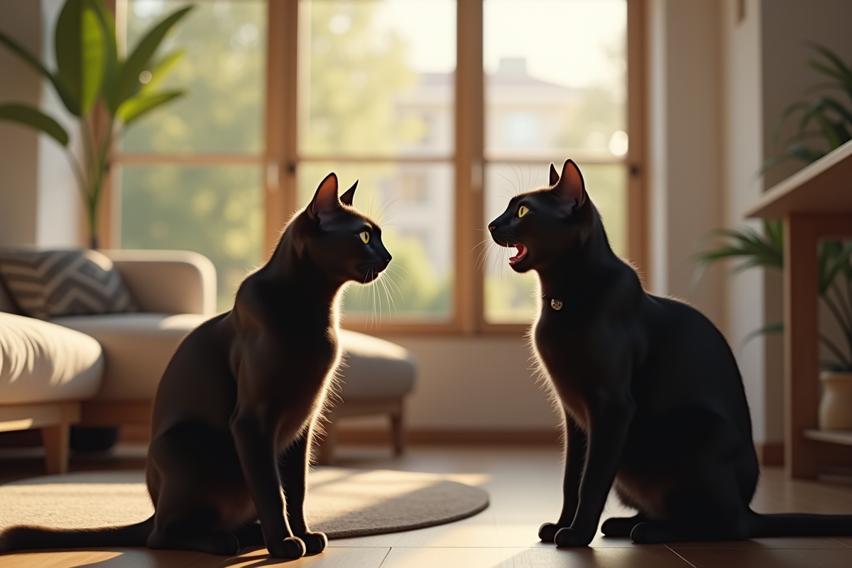 Chat noir vocalisant dans un salon moderne