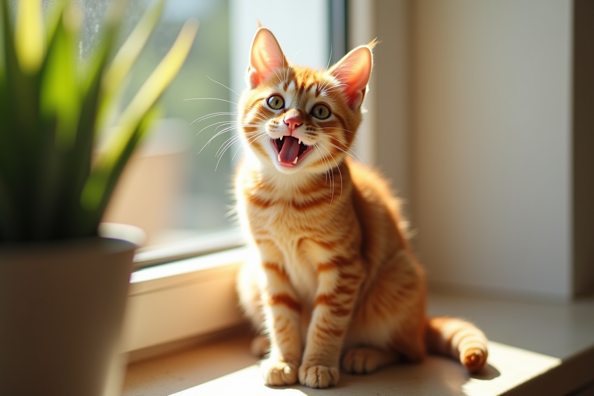 Chat orange curieux sur une fenêtre ensoleillée