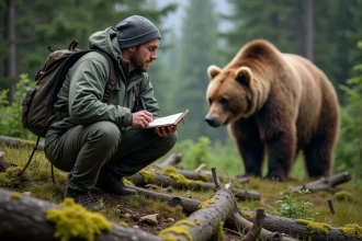 Chercheur en forêt d'Alaska observant un grizzly
