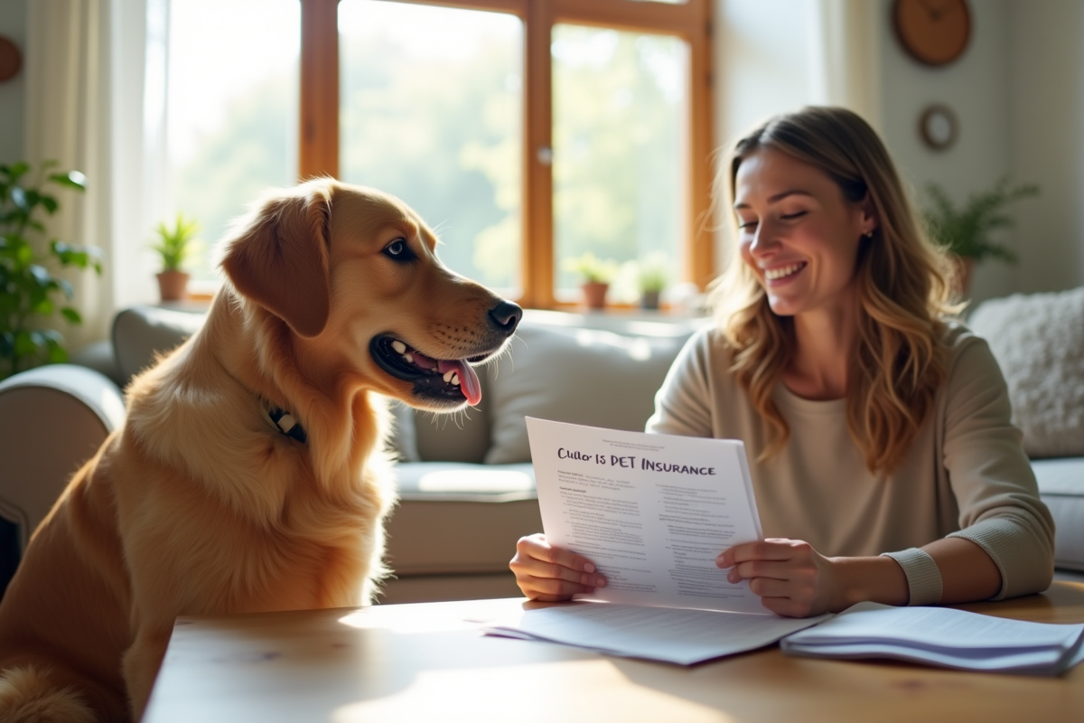 Golden retriever heureux dans un salon lumineux avec une femme