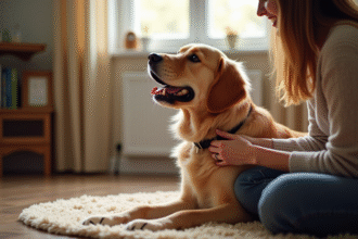 Golden retriever assis sur un tapis regardant son propriétaire