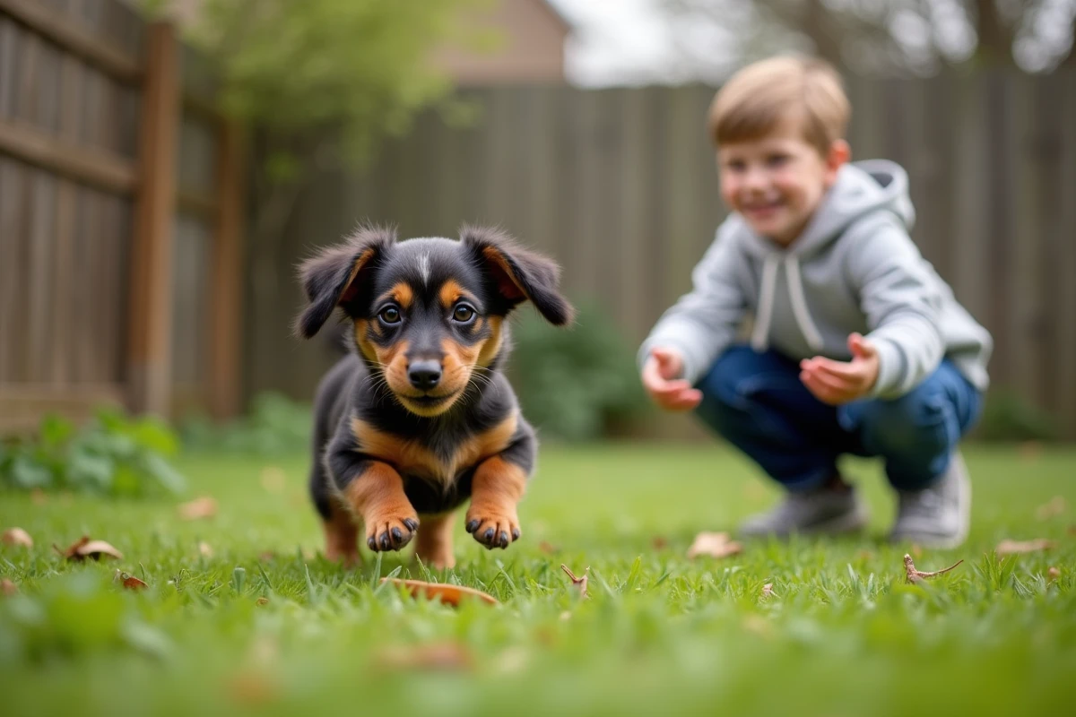 Chiot dachshund courant dans un jardin en famille