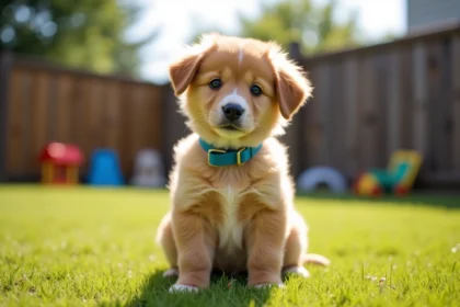 Chiot joueur et peluche dans le jardin ensoleille