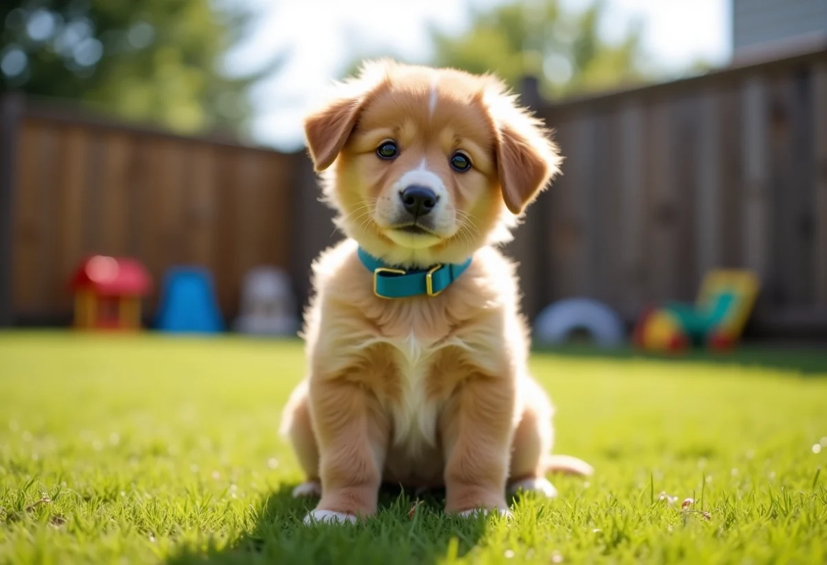 Chiot joueur et peluche dans le jardin ensoleille