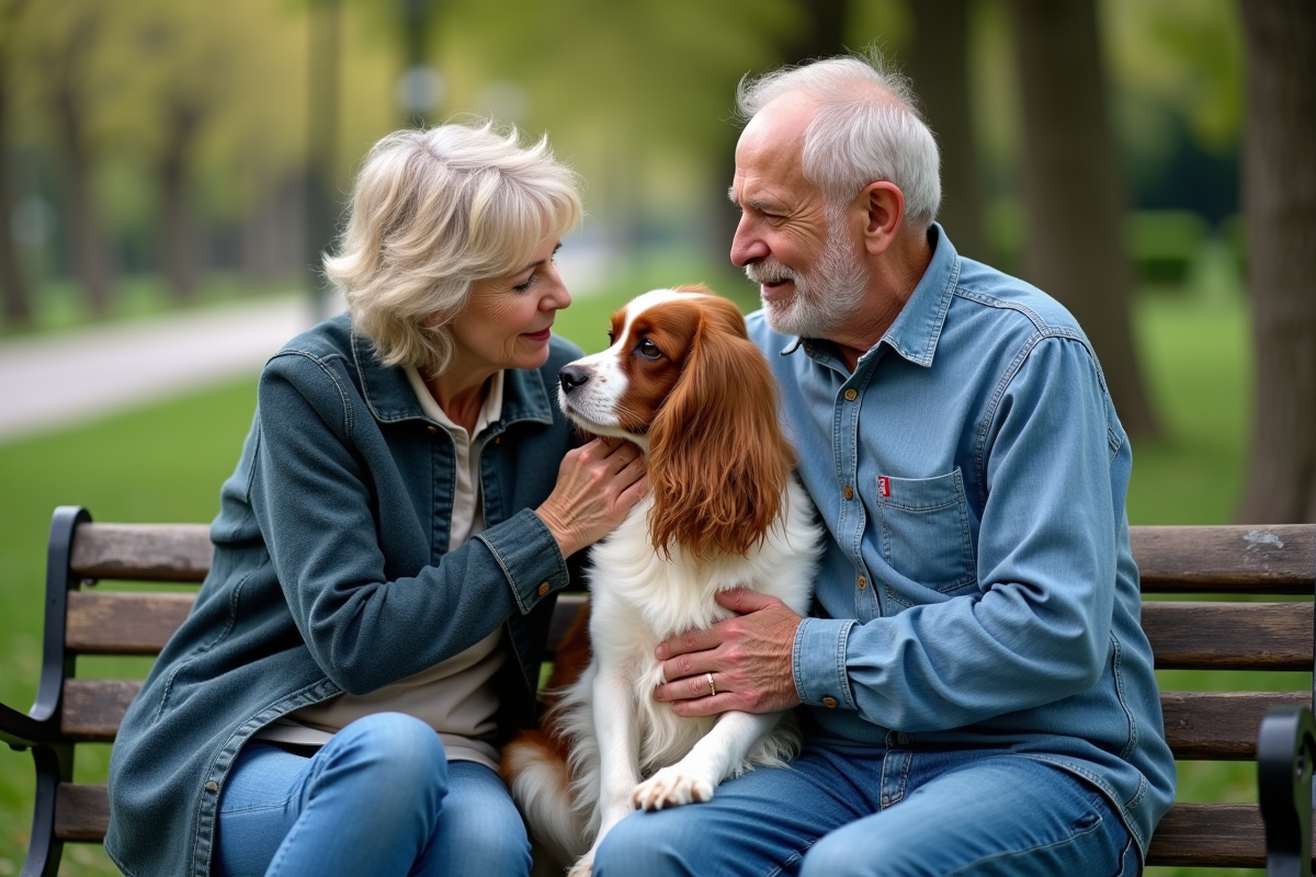Couple rassurant leur chien dans un parc verdoyant