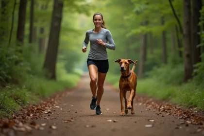 Femme en course dans la forêt avec un chien Vizsla
