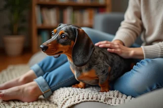 Chien miniature dachshund assis sur un plaid avec une femme