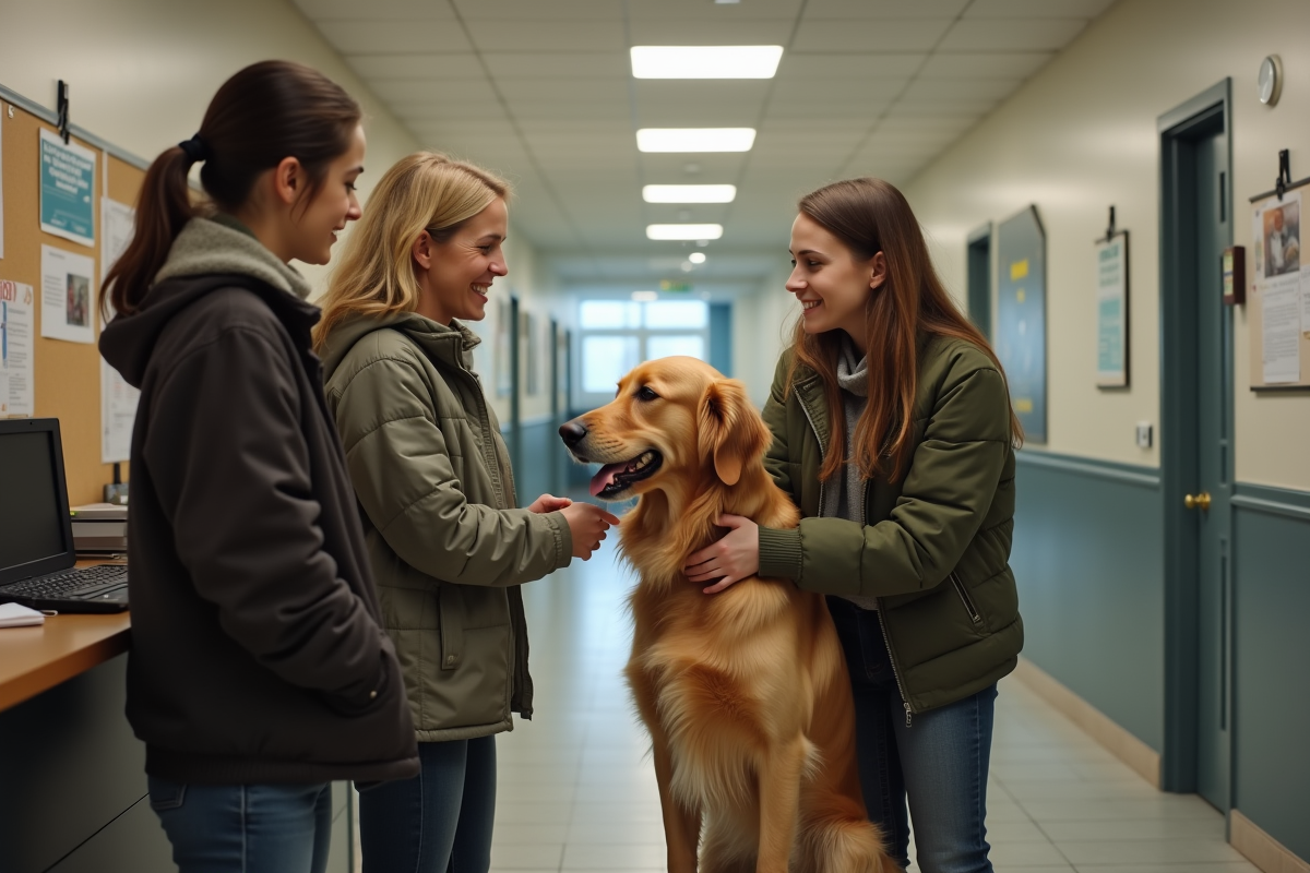 Femme donnant un chien à un couple à l'accueil d'un refuge