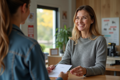 Femme souriante donnant une enveloppe de don au refuge