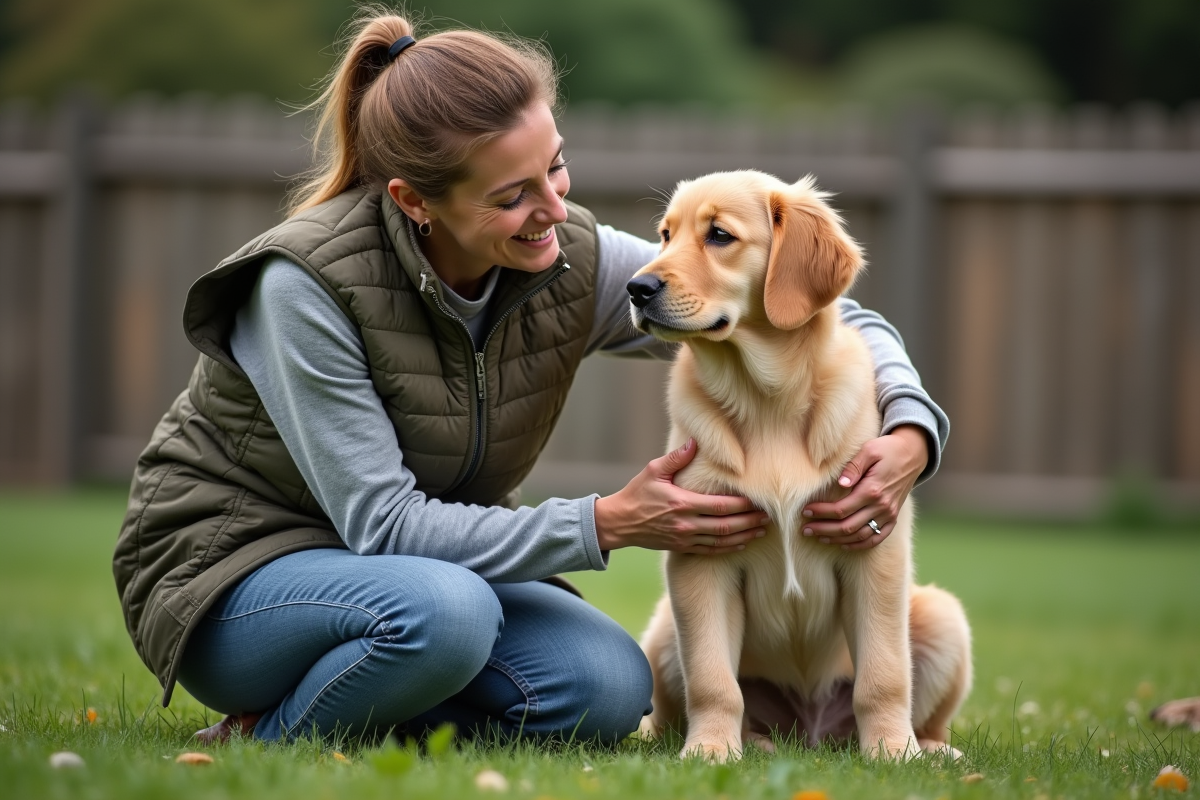 Eleveuse avec chiot golden retriever dans un jardin