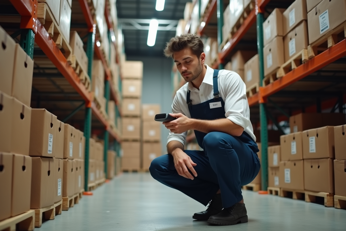 Employe vérifiant un stock de nourriture pour animaux