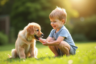 Jeune enfant entraînant un chiot golden retriever dans un jardin ensoleille