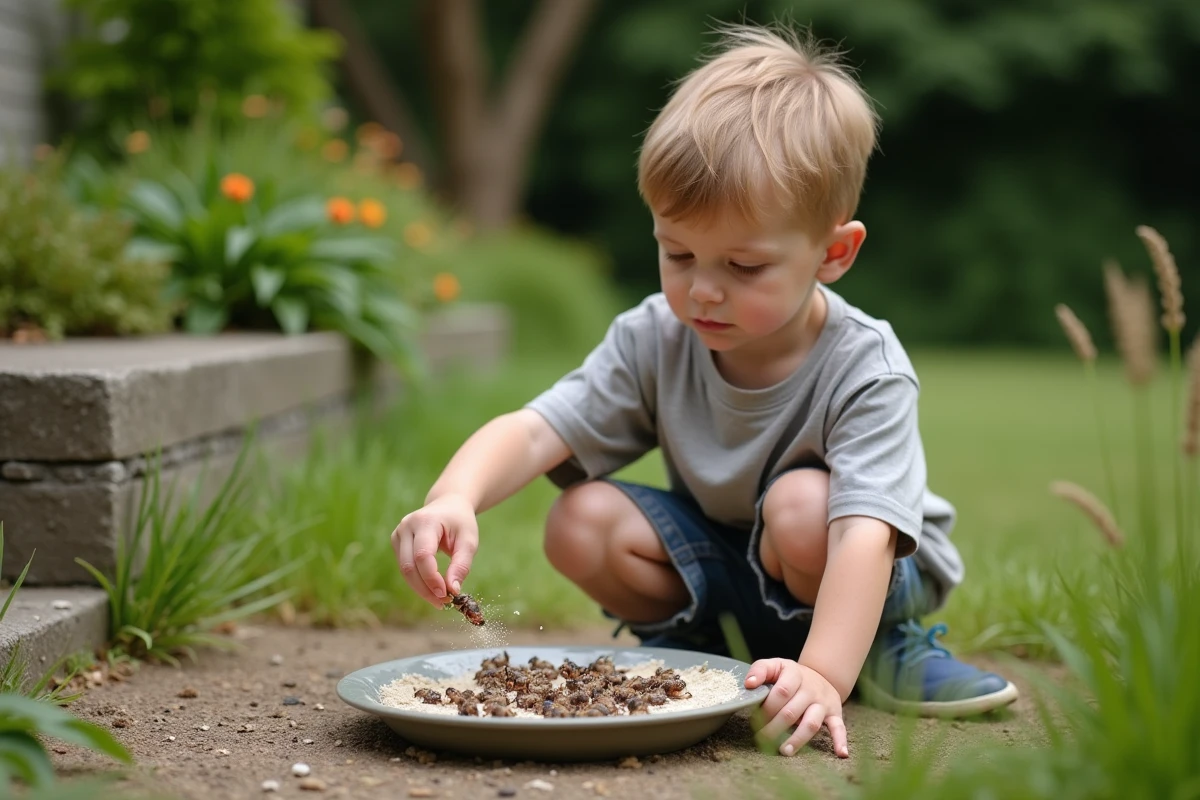 Jeune garçon saupoudrant des criquets dans le jardin