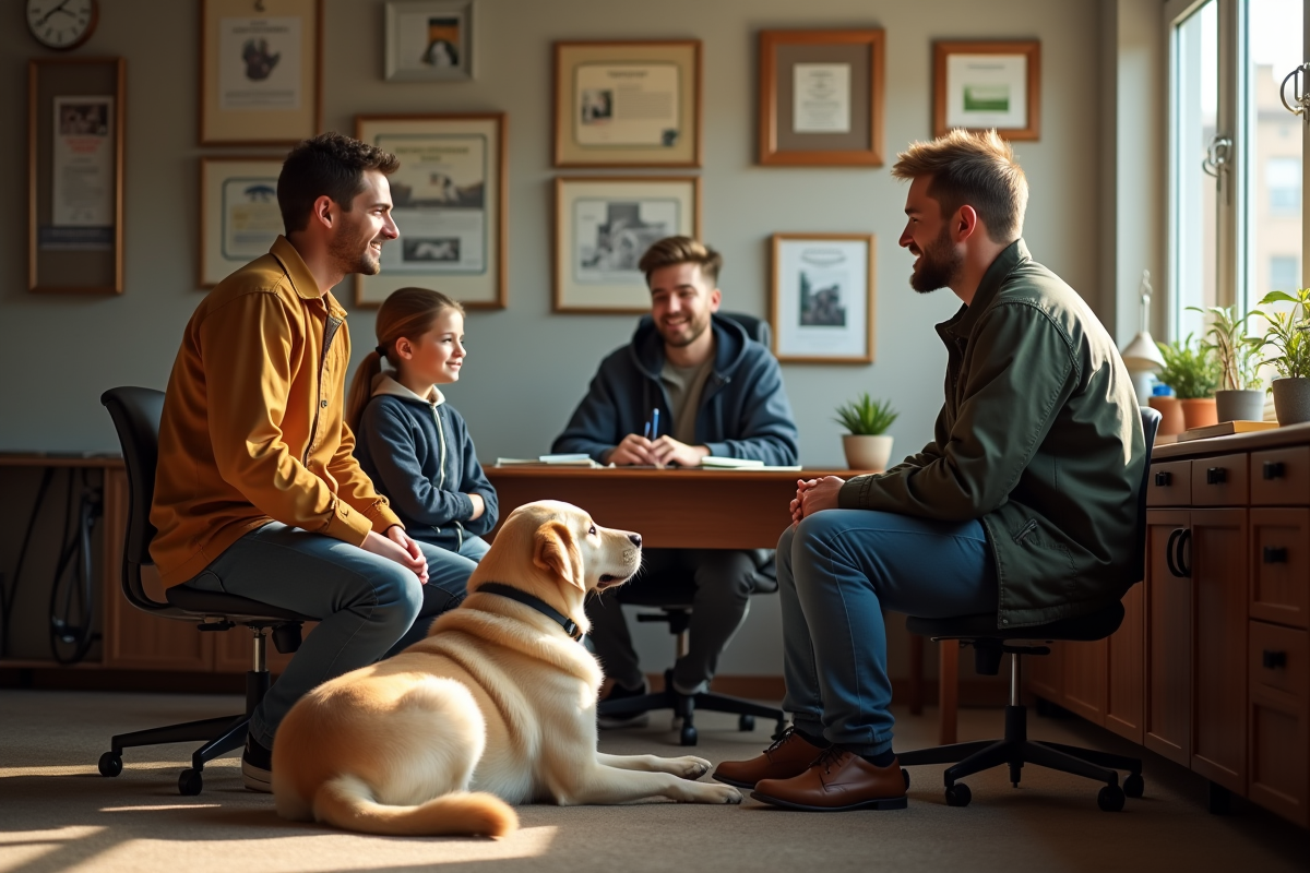 Famille discutant avec eleveur dans un bureau chaleureux