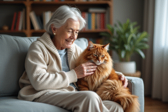Femme agee caressant son chat senior dans un salon chaleureux