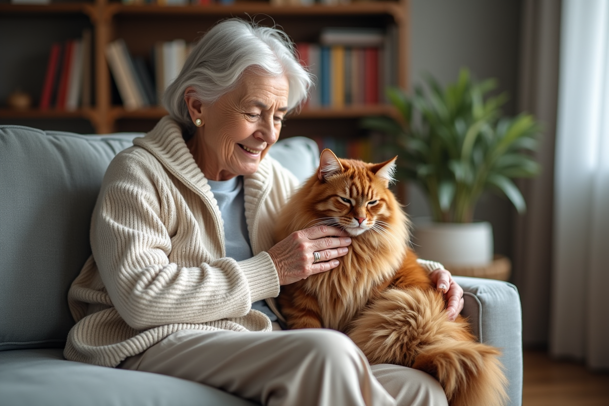 Femme agee caressant son chat senior dans un salon chaleureux