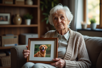Femme âgée tenant une photo de chien dans un salon chaleureux