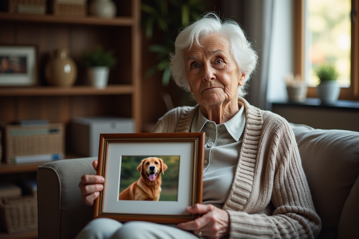 Femme âgée tenant une photo de chien dans un salon chaleureux