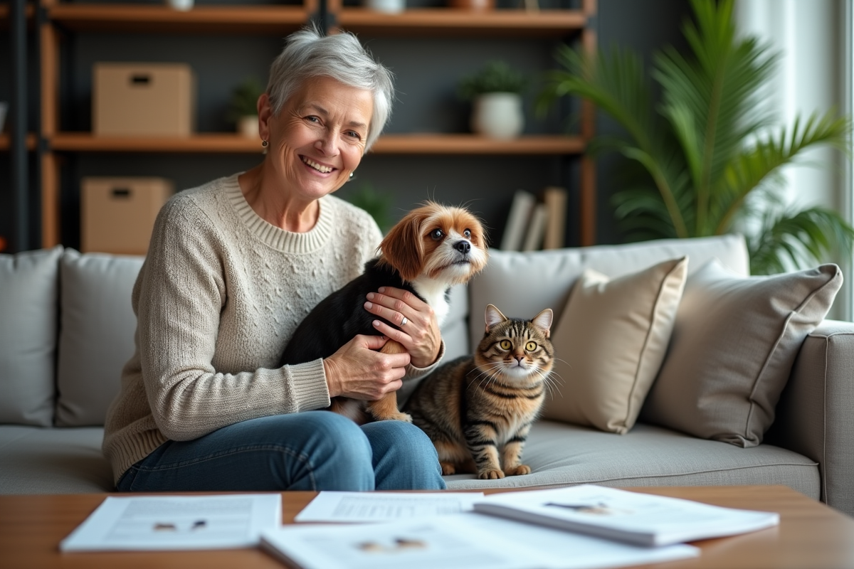 Femme souriante avec chien et chat dans un salon moderne