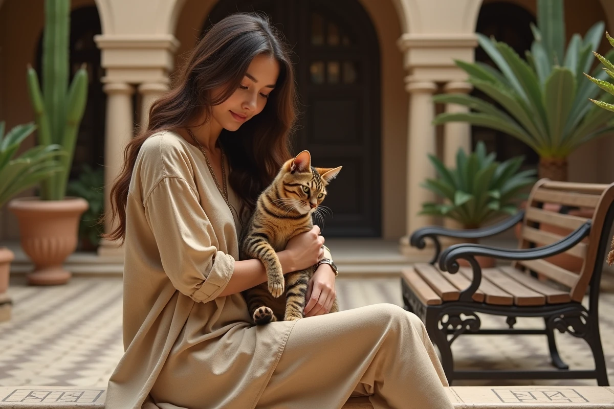 Femme avec chat Egyptian Mau dans un jardin luxuriant