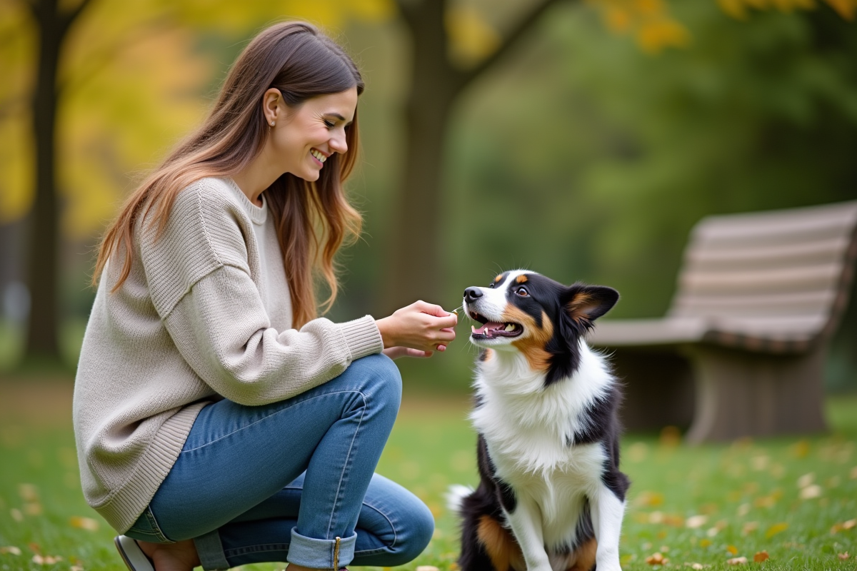 Femme souriante avec son chien dans un parc en plein air