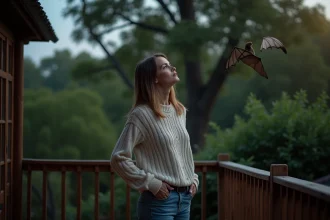 Femme contemplant un ciel crépusculaire sur un balcon