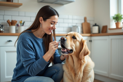 Femme en pull bleu brossant un gros chien golden retriever à la maison