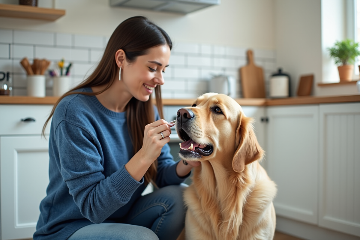 Femme en pull bleu brossant un gros chien golden retriever à la maison