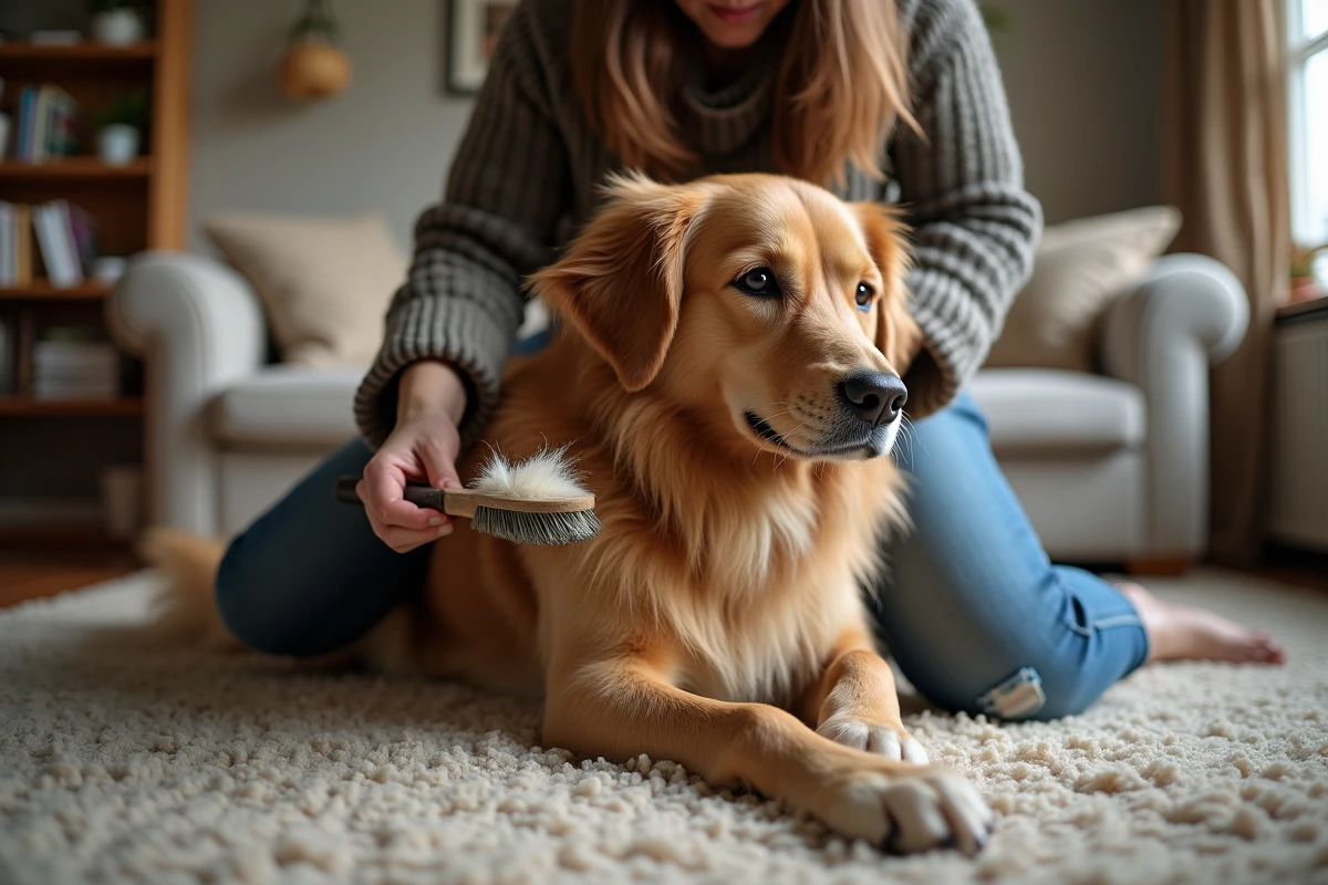 Femme à la maison brossant un grand chien à poils longs