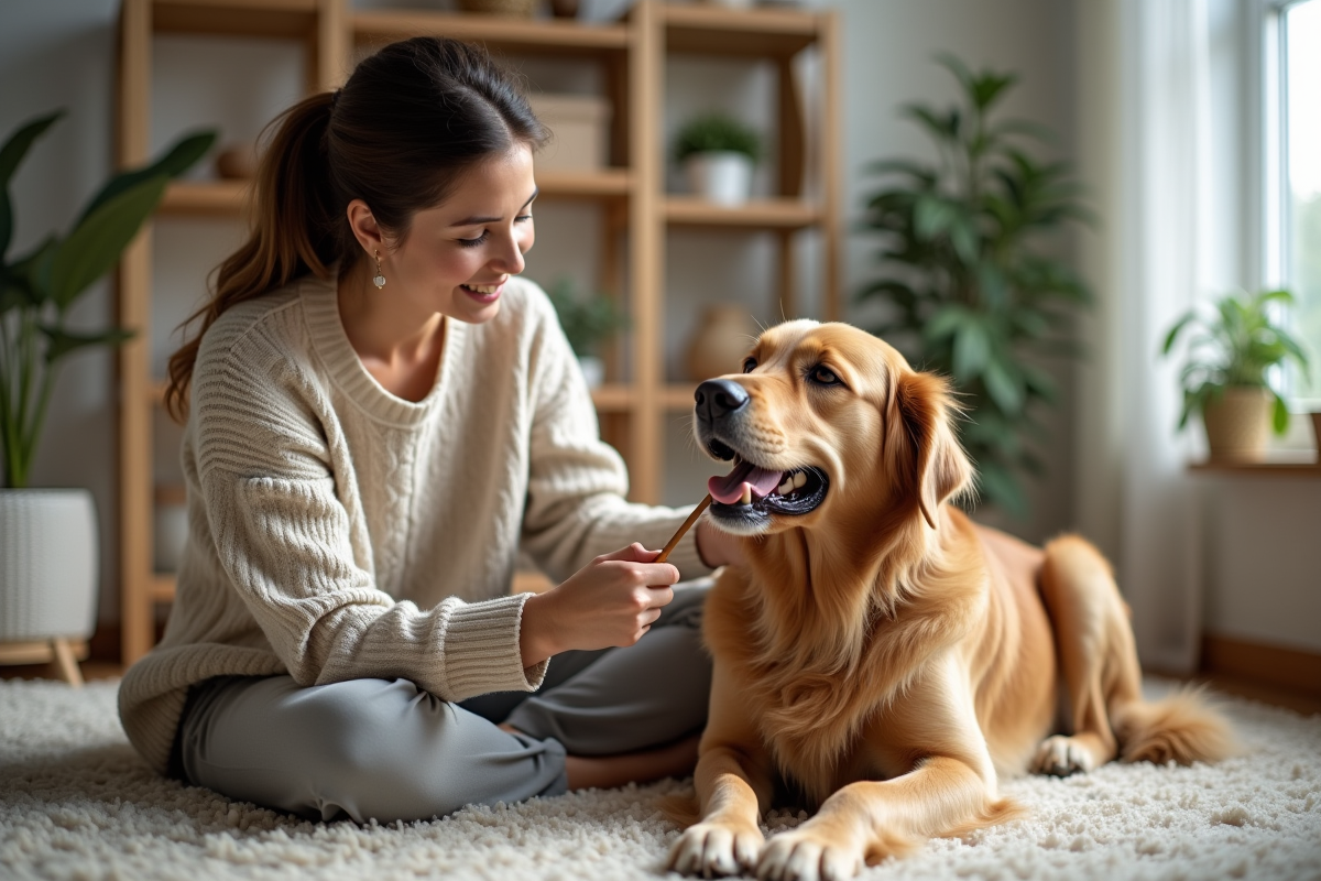 Femme brossant dents chien retriever dans un salon chaleureux
