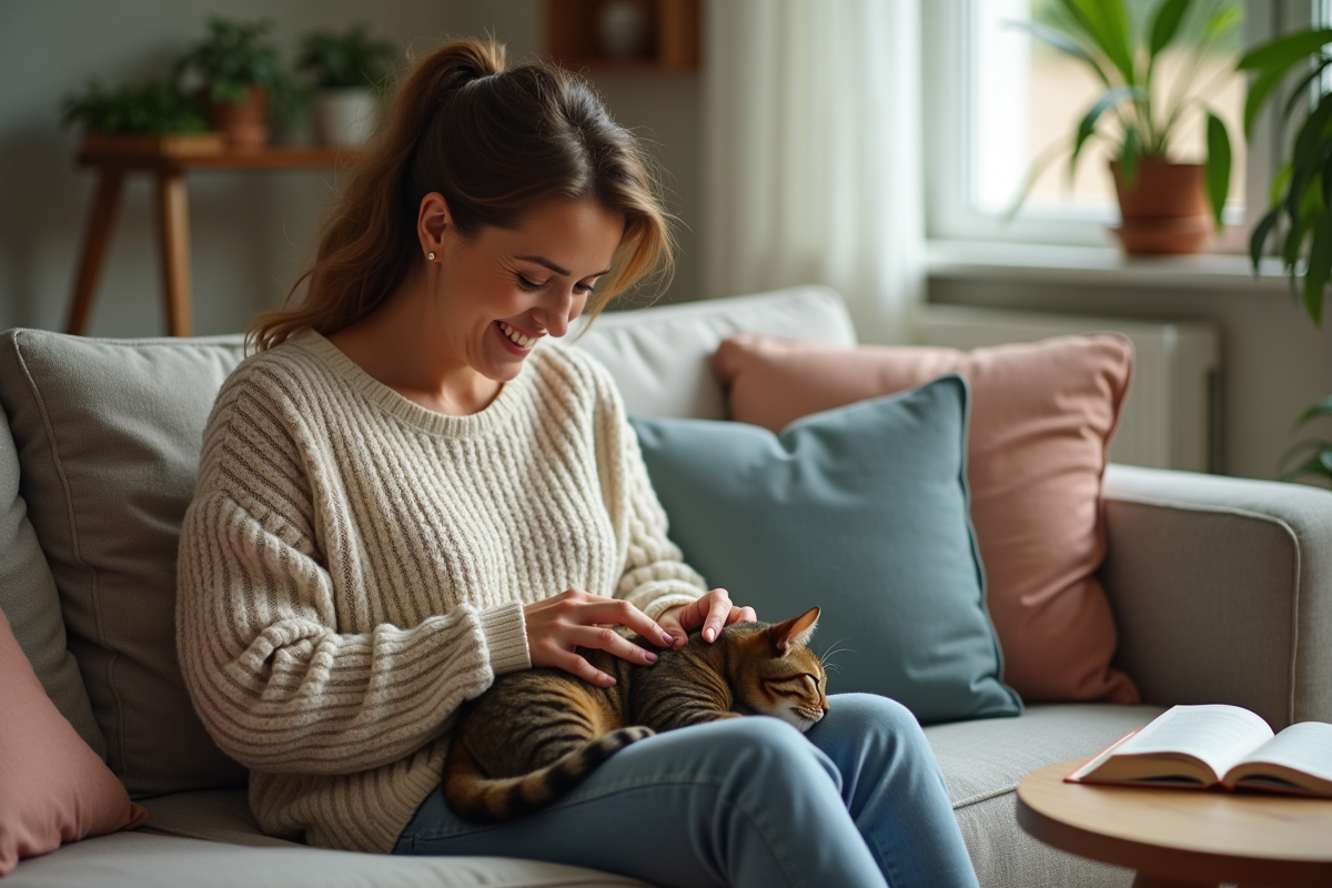 Femme souriante caressant un chat sur ses genoux dans un salon chaleureux