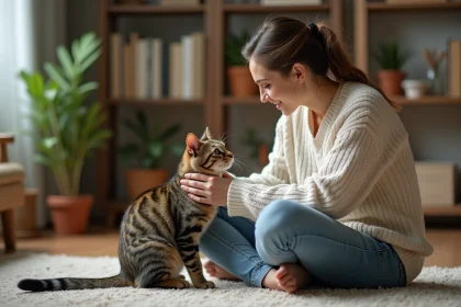 Jeune femme caressant un chat dans un salon chaleureux