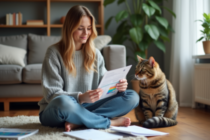 Jeune femme avec chat et brochure vétérinaire