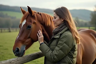 Femme en veste olive-green et bottes en cuir près d’un cheval