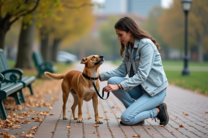 Jeune femme avec chien dans un parc urbain