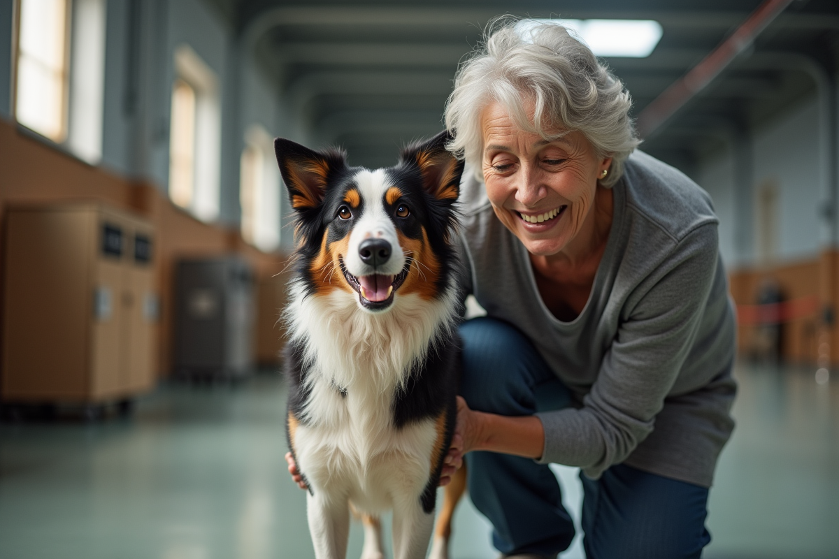 Femme âgée travaillant avec un border collie dans une salle d