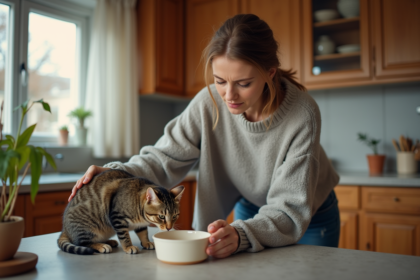 Femme en jean et pull doux coaxant son chat dans la cuisine