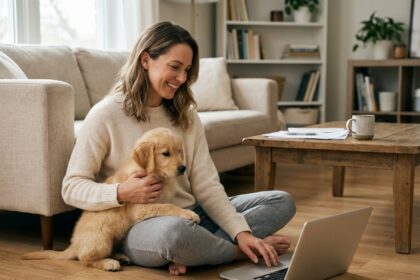 Femme comparant des offres d'assurance animaux sur un ordinateur portable avec son chiot golden retriever sur les genoux dans un salon cosy