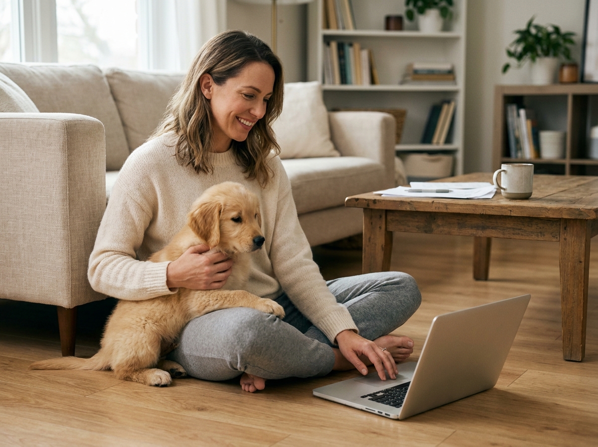 Femme comparant des offres d'assurance animaux sur un ordinateur portable avec son chiot golden retriever sur les genoux dans un salon cosy