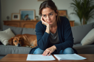Femme préoccupée remplissant des papiers dans un salon familial