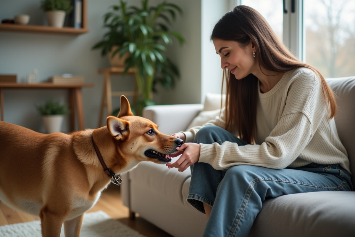 Femme douce corrigeant son chien sur le canapé
