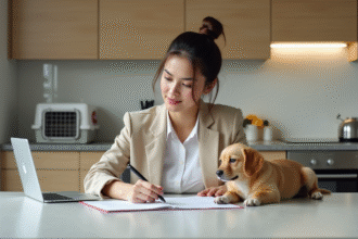 Jeune femme remplissant documents vétérinaires avec son chien