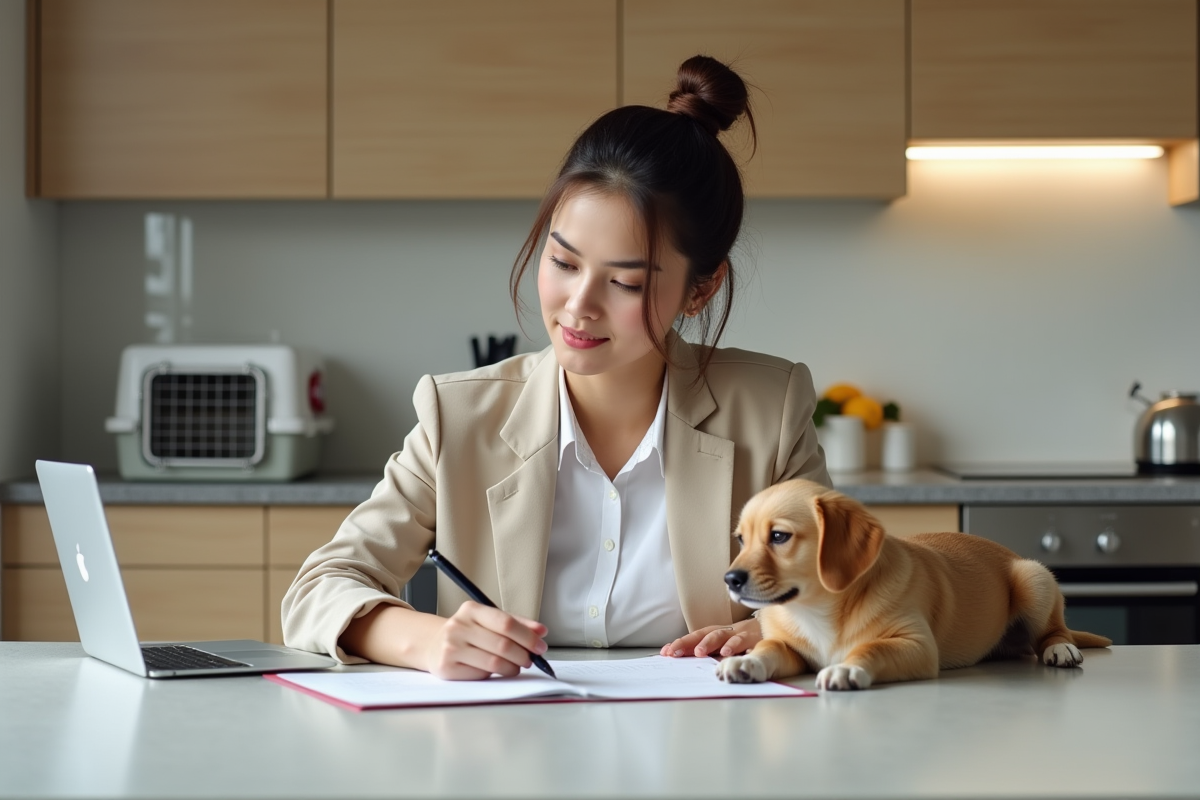 Jeune femme remplissant documents vétérinaires avec son chien